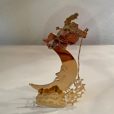 Danbury Mint Christmas Ornament Santa On The Moon | 1993 Gold Christmas Santa Ornament | Vintage Danbury Mint Gold Ornament 