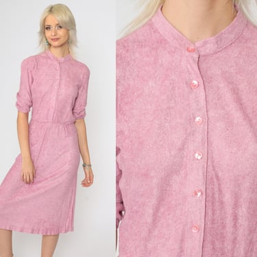 70s Terry Cloth Dress Pink Mandarin Collar Midi Button Up 1/2 Sleeve High Waisted Shift Side Slit Retro Vintage 1970s Extra Small xs 