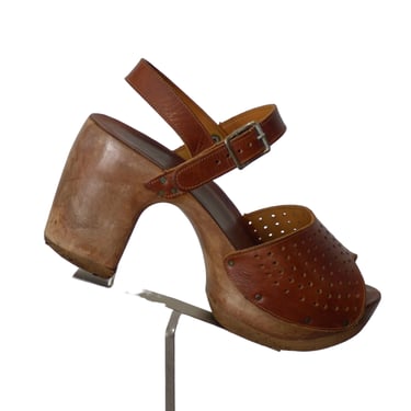 1970s Wood & Leather Platform Sandals, Size 8 1/2M