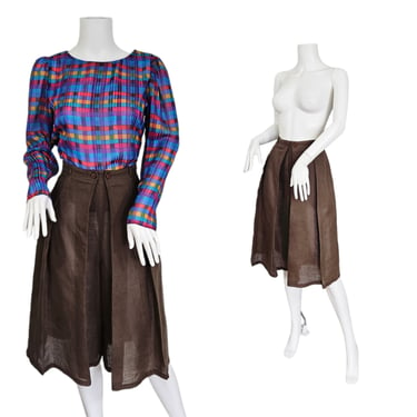 David Hechter 1980's Brown Linen Culottes Pants Split Skirt I Sz Med I Paper Thin Linen 