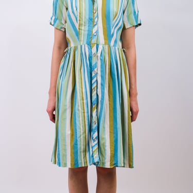 1960s Blue and Green Striped Fit and Flare Shirtdress