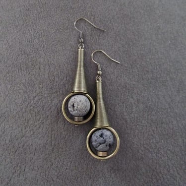 Lava rock and bronze mid century modern earrings 