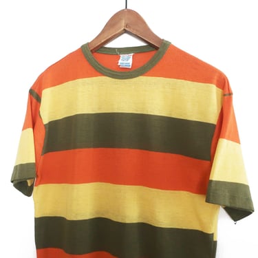 vintage striped shirt / 70s shirt / 1970s green border striped California surfer t shirt Medium 