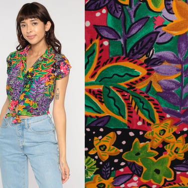 Floral Crop Top 90s Jungle Cat Shirt Abstract Blouse Button Up Shirt Tropical Cap Sleeve Cropped Tie Front Top Vintage 1980s Small Medium 