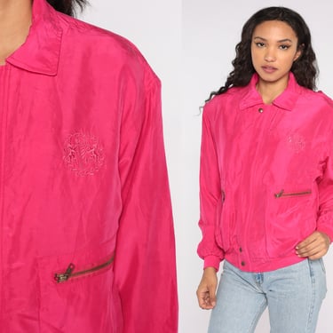 80s Silk Windbreaker Jacket Hot Pink Embroidered Crest Bomber Jacket Neon Sportswear Warm Up Zip Up Jacket 90s Retro Athletic Large L 