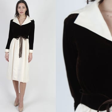 70s Victor Costa Evening Dress, Chocolate Velvet Ivory Satin Dress, Business Professional Designer Tuxedo Party Mini 