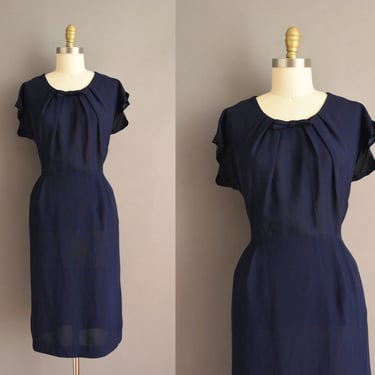 1950s dress | Navy Blue Rayon Cocktail Party Dress | Large | 50s vintage dress 