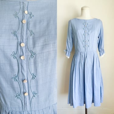 Vintage 1960s Blue Dress with ruffled sleeves / S 