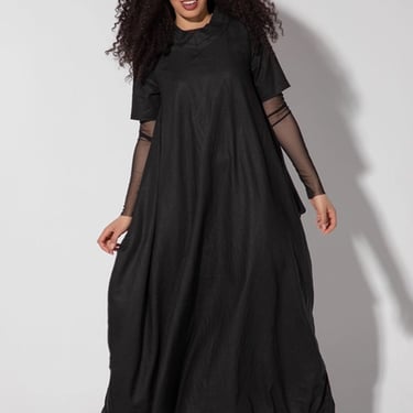 Narissa Maxi Linen Dress with Mesh Sleeves and Pleated Neckline