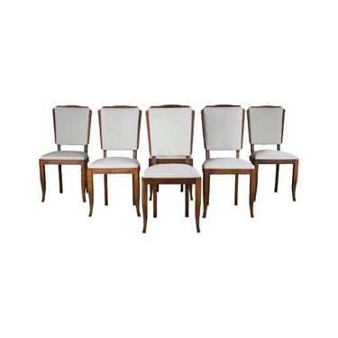 1930s French Art Deco Maple Dining Chairs W/ Striped White and Green Fabric - Set of 6 