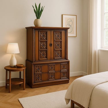 Vintage Brutalist Tallboy Dresser Cabinet, 1970s Wood Highboy with Faux Wood Carved Front Panels & Ample Storage 
