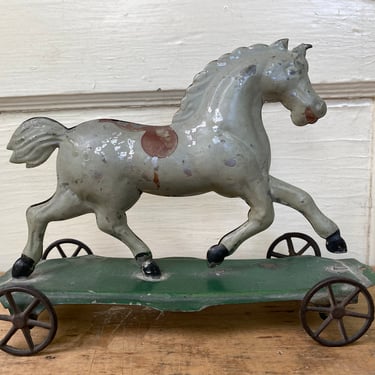 Vintage Horse Pull Toy, Pony Tin Pull Toy, Farmhouse, Saddled Trotting Horse On Platform With Wheels 
