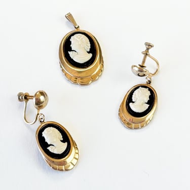 1950s Cameo Pendent Earrings Set | 50s Black & White Lucite Cameo Jewelry Set 