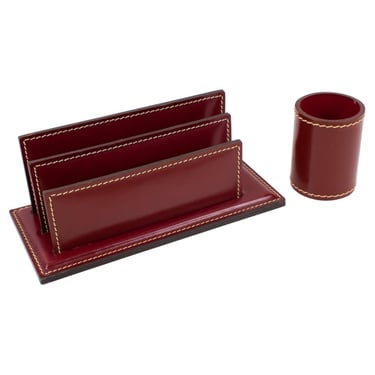 Art Deco Hand-Stitched Red Leather Desk Office Set Letter and Pen Holders