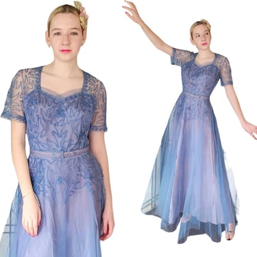 Vintage 50s Blue Evening Dress Tulle Skirt Soutache Embroidery 