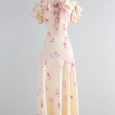 Dreamy 1930's Pale Yellow Floral Print Bias Cut Garden Party Gown / Medium