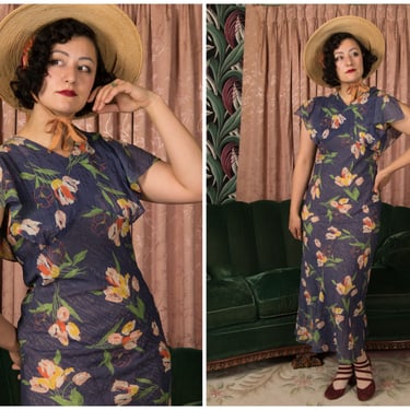 1930s Dress - Vintage 30s Silk Summer Bias Cut Gown in Cornflower Blue with Tropical Floral Wounded Bird As Is 
