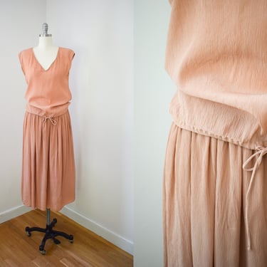 Vintage 1990s  Anne Klein Crinkle Dress Set | M | 90s Blush Pink Relaxed Fit Blouse and Midi Skirt Coordinates 