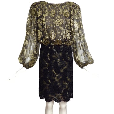 BILL BLASS- 1980s Metallic Lace Cocktail Dress, Size 4