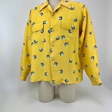 1940's Cold Rayon - PERSONALITY Label - Colorful Abstract Print - Flap-Patch Pockets - Loop Collar - Men's Size Medium 