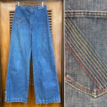 Vintage 1970’s Rainbow Stitch Hippie Disco Denim Bellbottom Jeans, 70’s Hippie Style, Vintage Denim, Vintage Pants, Vintage Clothing 