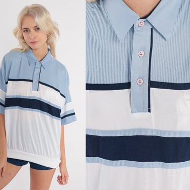 Striped Polo Shirt 80s 90s Color Block Collared Shirt Baby Blue White Navy Blue Top Banded Hem Retro Slouchy Vintage Large L 