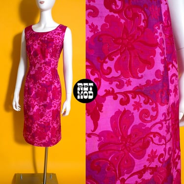 Vivid Vintage 60s Pink & Red Floral Silk Sheath Dress 