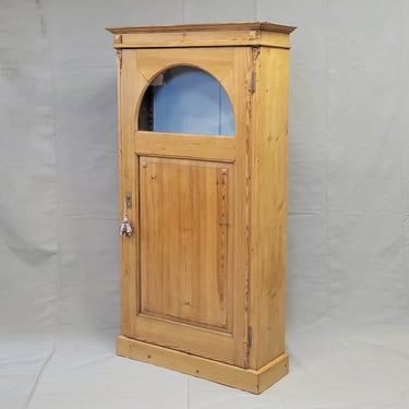 Antique Dutch Pine Single Door Bookcase Cabinet With Glass Inset