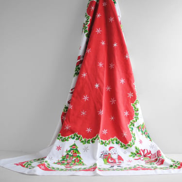Vintage Christmas Tablecloth in Red, White, and Green, 5.5 Foot Long Holiday Tablecloth 