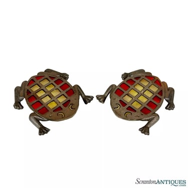 Vintage Stained Glass Cast Iron Frog Barware Drink Coaster Trivet - A Pair