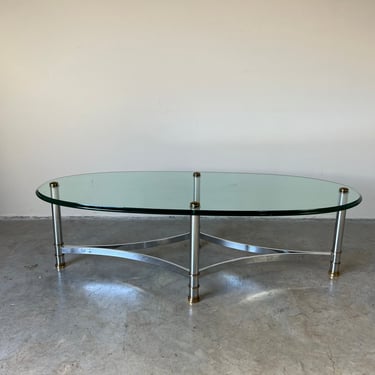70's Hollywood Regency Maison Jansen - Style Chrome and Brass Oval Coffee Table 