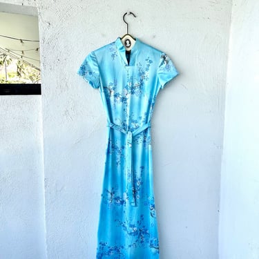 Vintage 70s Hawaiian Dress Floral 1970s Blue Hawaii Muumuu 