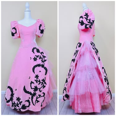 1950s Tinay's Bubblgum Pink Velvet Puffed Sleeve Prom Dress / 50s Embroidered Beaded Floral Tulle Tiered Cupcake Dress / Small 