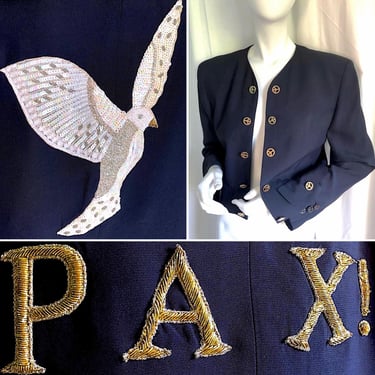 90s MOSCHINO COUTURE, Sequin Beaded Bird Jacket, Vintage Peace Jacket, Vintage Statement Jacket, Gold Embroidered MAXIMALISM, Vintage Coutur 