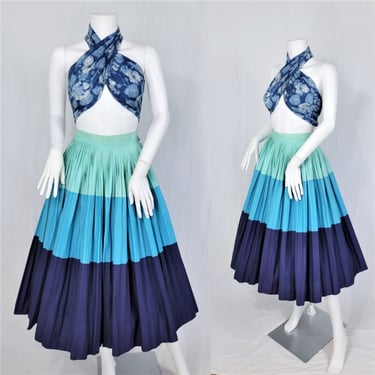 1950's Color Blocked Blue Cotton Tri Colored Pleated Skirt I Sz Med - Lrg I W: 29