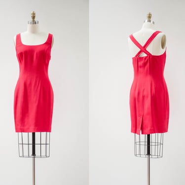 red silk mini dress | 80s 90s vintage Ann Taylor scarlet silk criss cross strap low back short dress 