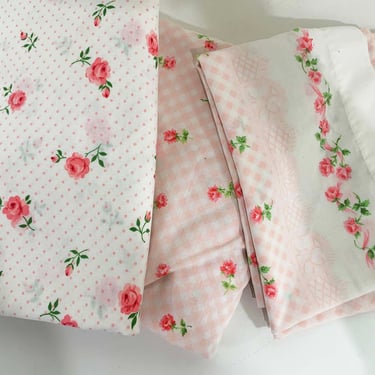 Vintage Cannon Monticello Floral Twin Bed Flat & Fitted Sheet Set w/ Pillowcase Pink Roses 1960s 
