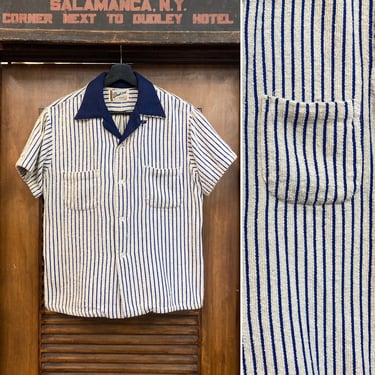 Vintage 1950’s Terrycloth Stripe Mod Tiki Rockabilly Shirt, 50’s Loop Collar Shirt, Vintage Clothing 