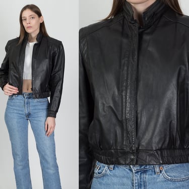 90s Wilsons Cropped Leather Jacket - Women's Small | Vintage Black Zip Up Cafe Racer Biker Coat 