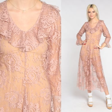 60s Lace Dress Sheer Pink Ankle Length Maxi Dress Retro Ruffled V Neck Long Sleeve Party Cocktail Romantic Tea Length Vintage 1960s Small S 