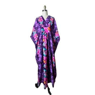 Vintage Royal Connection Hawaii Kimono Kaftan Dress Purple and Pink Hibiscus Muumuu 