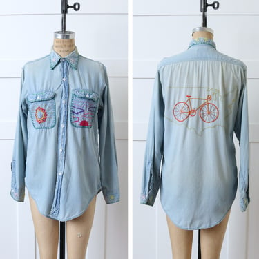 vintage 1970s embroidered denim shirt • Big Mac light wash chambray sun & bicycle embroidery shirt 