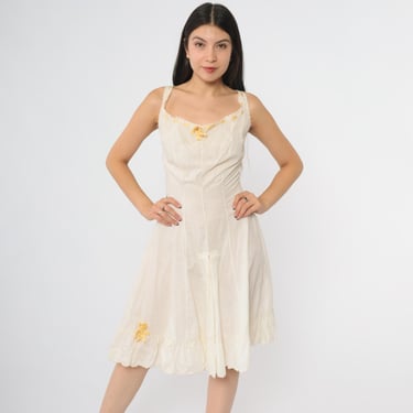 1930s White Step In Chemise Cotton Lingerie Romper Embroidery Yellow Ribbon Trim Button Back One Piece Edwardian Victorian Extra Small XS 