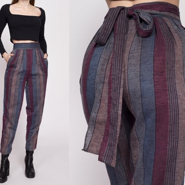 Vintage Striped High Waisted Wrap Pants - Extra Small | 80s Boho Tapered Leg Hippie Trousers 