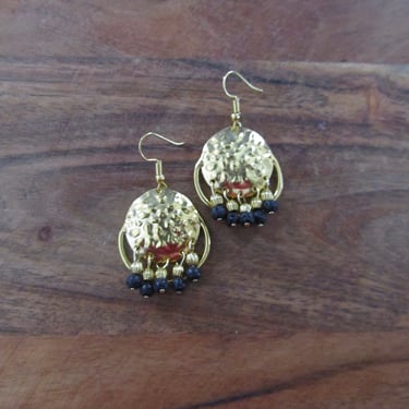Chandelier earrings, hammered gold and black lava rock 