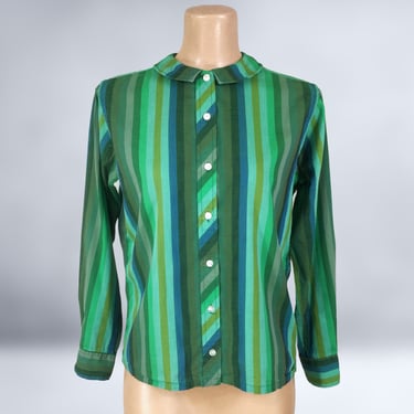 VINTAGE 60s MOD Green & Blue Striped Cotton Blouse | 1960s Sexy Secretary Top | Pointed Flat Collar | Vintage Separates | Marianne Shops vfg 