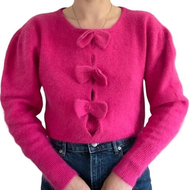 Vintage 80s Womens Hot Pink Angora Blend Bow Preppy Soft Sexy Fluffy Sweater 