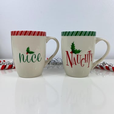 Lenox Nice & Naughty Holiday Christmas Mu Set of 2, Holiday Coffee Mug Set, Christmas Hot Cocoa Mug Set, Lenox China Coffee Mugs, Red Green 