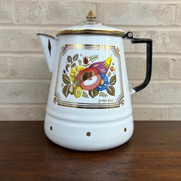 Georges Briard Enamelware Stovetop Coffee Pot, in Fruit Motif with Gold Embellishments. Lemon on the back. 