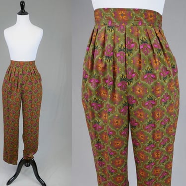 80s Pleated Floral Pants - Olive Magenta Rust Yellow Black White - Breezy Rayon Blend - High Rise Pull On - Laurissa - Vintage 1980s - S M 